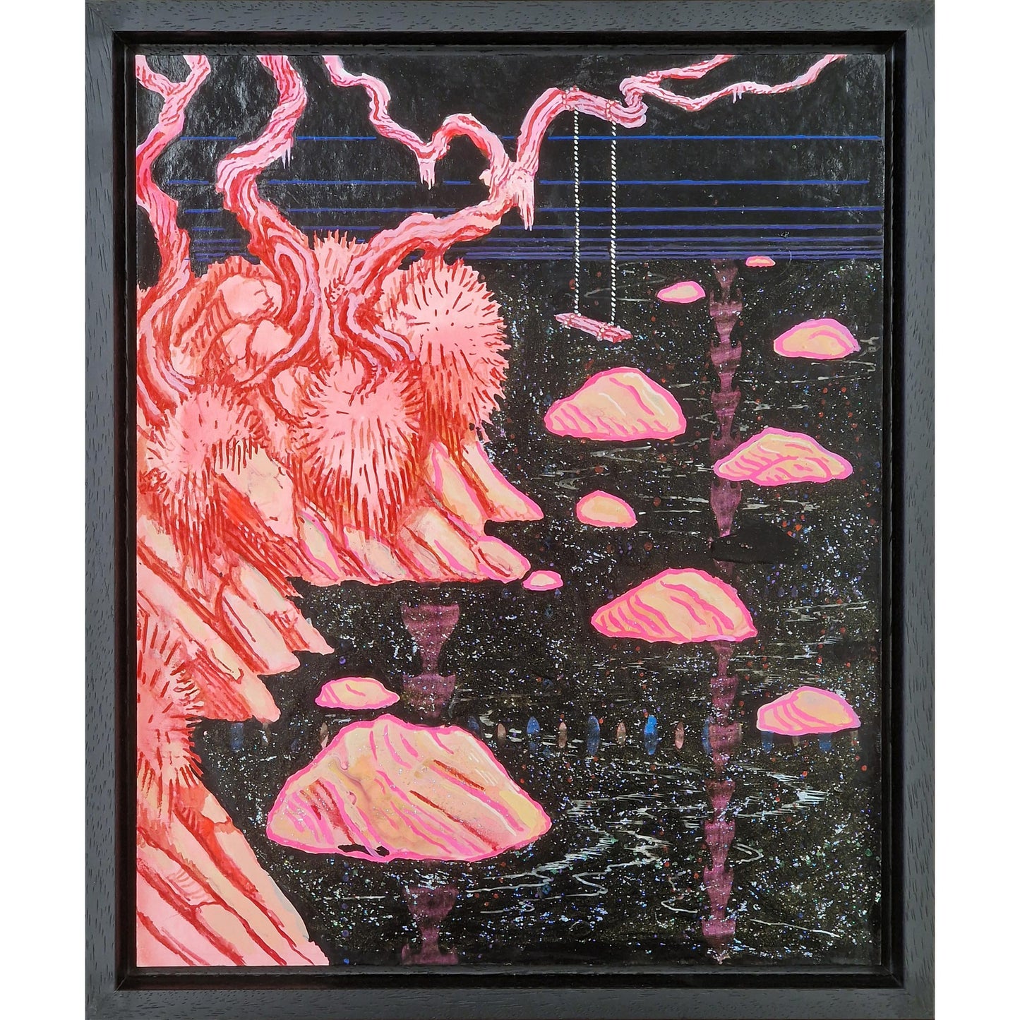 Closer to the Edge | Ink, acrylic, glitter and varnish on board