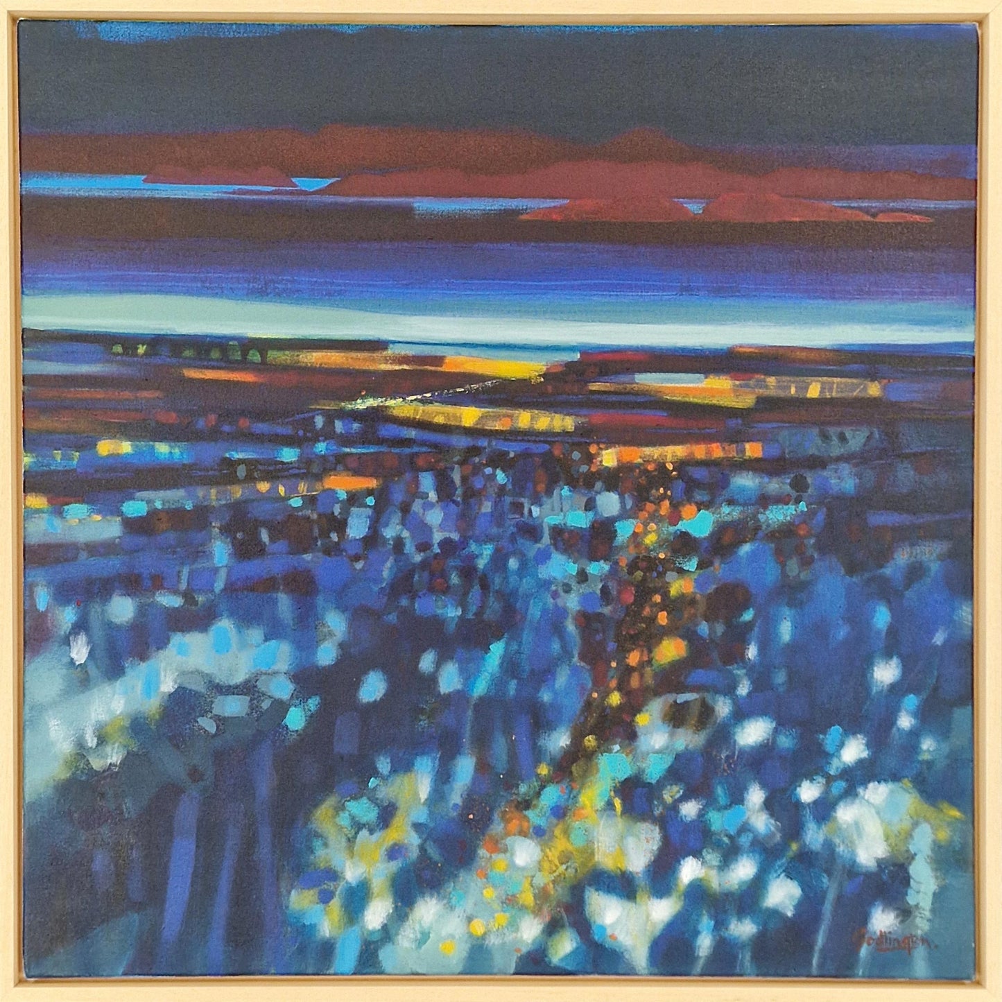 Abstract painting by Penny Godlington, depicting the Scottish Highlands near Culkein in Sutherland, featuring vibrant blue fields, glowing cottongrass, and a rich horizon of warm red and orange tones.