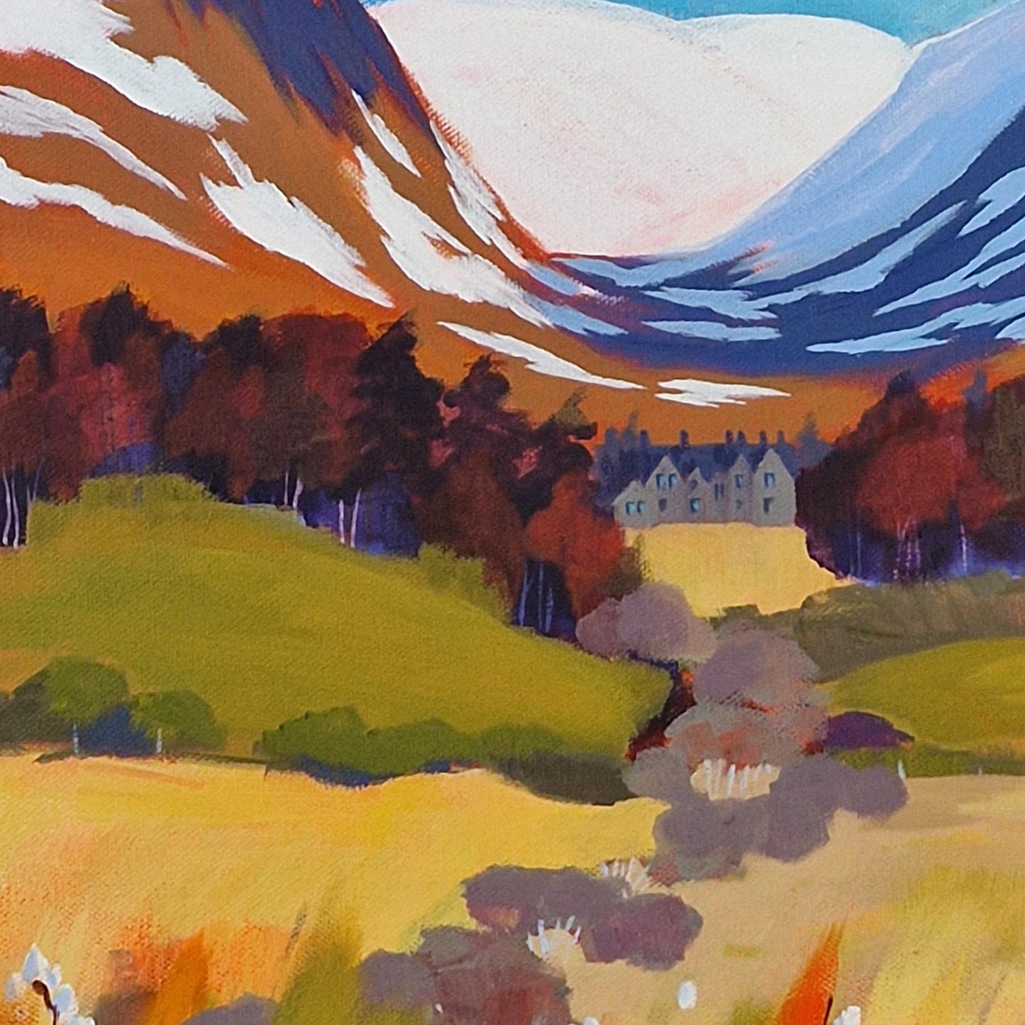 Detail of landscape painting in acrylic, depicting snow-capped mountains and a forest. A large stone building is in the far distance in front of the mountains. In the foreground, there are yellow-green fields.