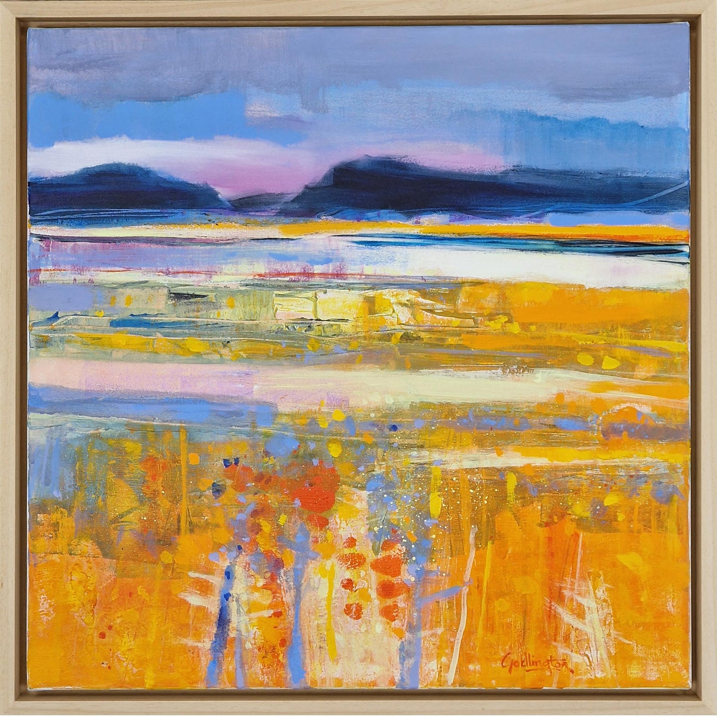 Abstract painting by Penny Godlington, featuring Sollas, North Uist, capturing the vibrant colors of a Scottish summer with golden fields, soft blue skies, and distant mountains