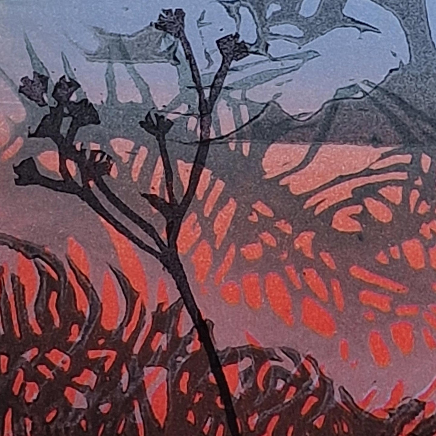 Abstract art with red and black patterns on a textured background