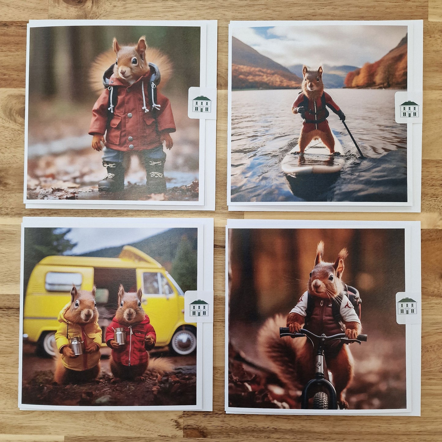 Four cards showing pictures of red squirrels doing outdoor activities, including walking, paddleboarding, campervan, biking