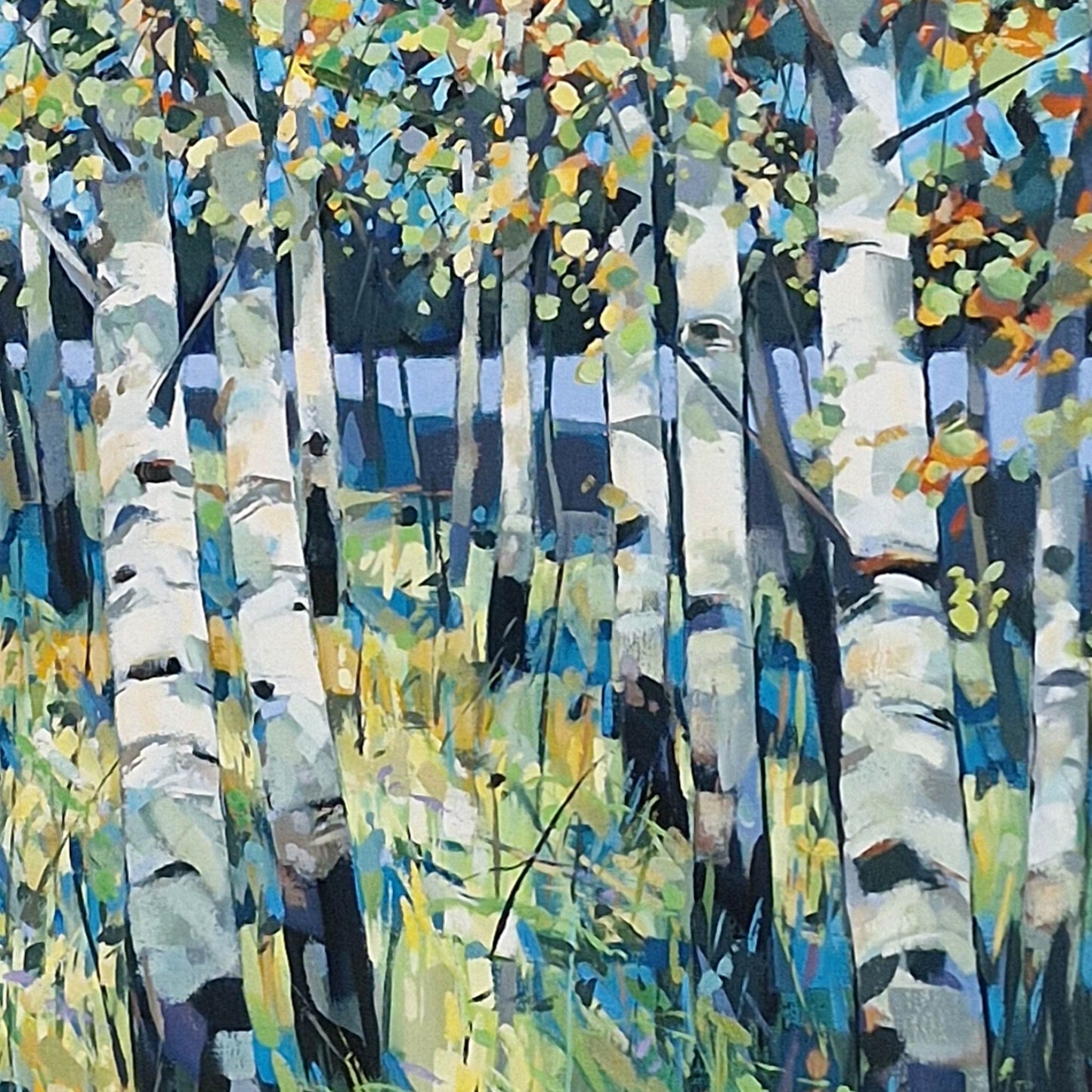An impressionistic painting of birch trees in a forest, rendered with expressive brushstrokes in white, blue, green, yellow, and orange.