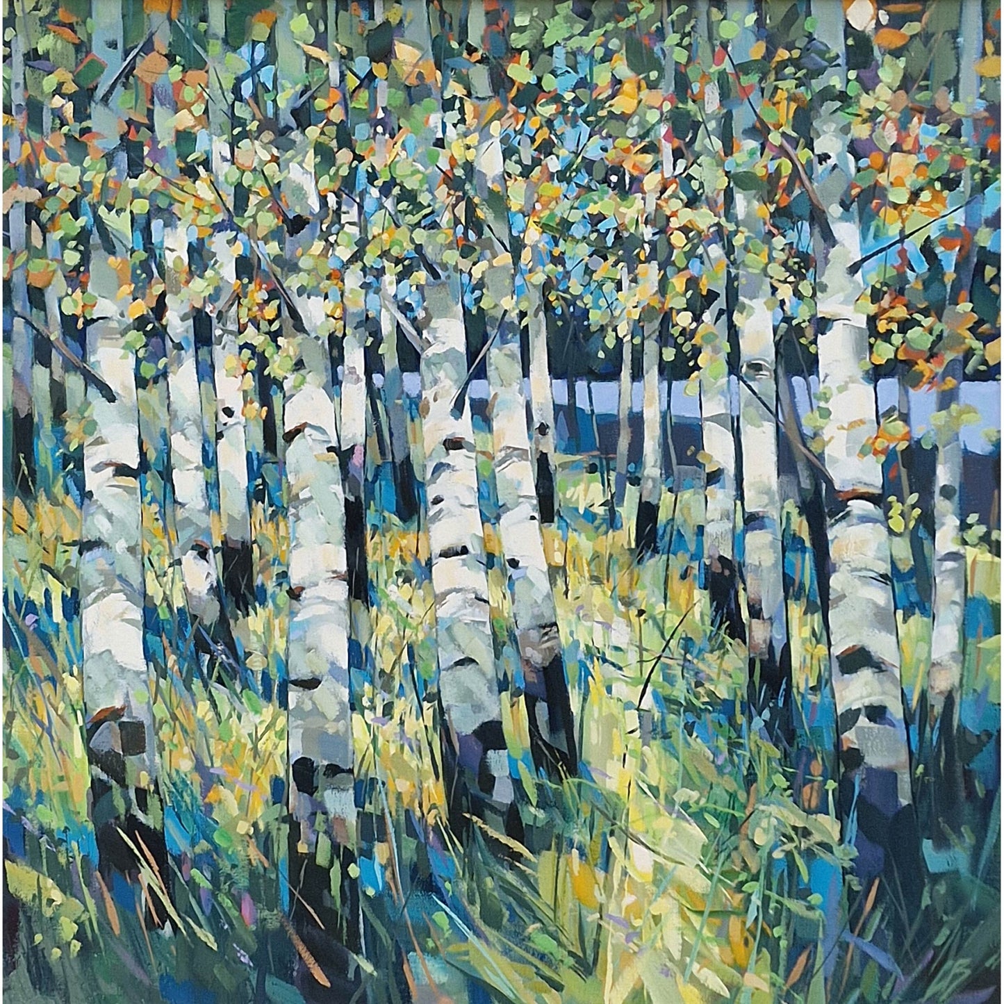 An impressionistic painting of a dense forest of birch or aspen trees with white trunks and yellow, green, blue, and orange foliage, rendered in a textured, painterly style.
