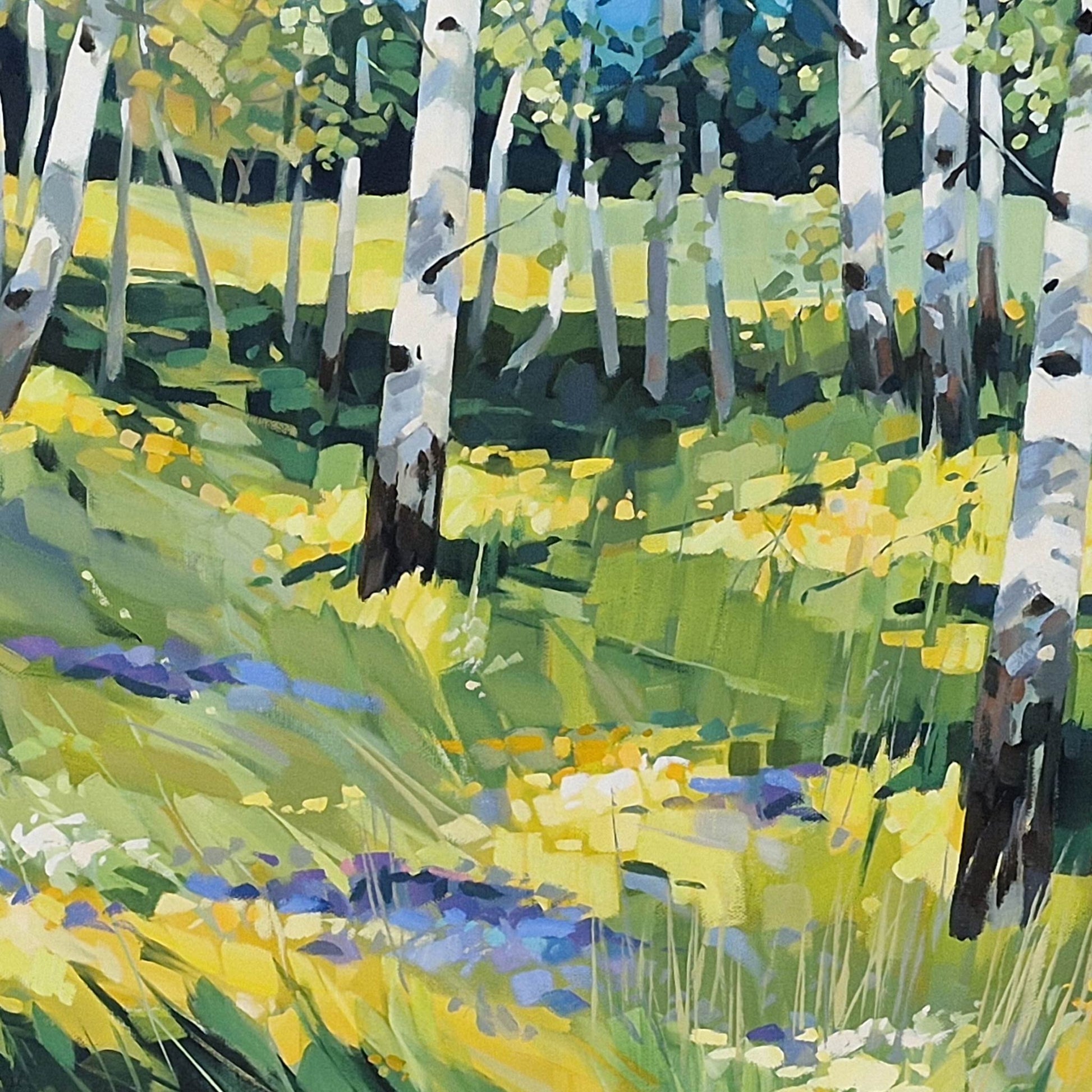 Impressionistic oil painting of a sunlit forest clearing with birch or aspen-like white trunks, green and yellow grasses, and patches of blue flowers.