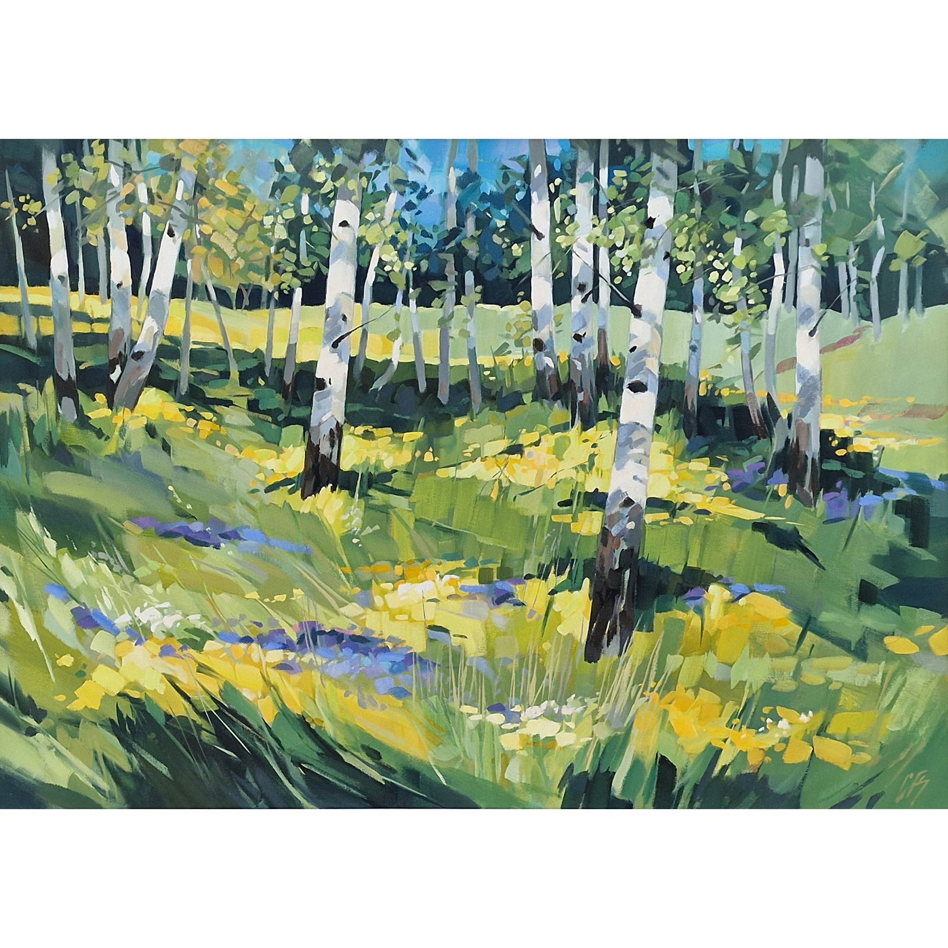An impressionistic landscape painting of a sunlit forest with white birch trees, green grasses, and yellow wildflowers, with blue sky visible in the background.