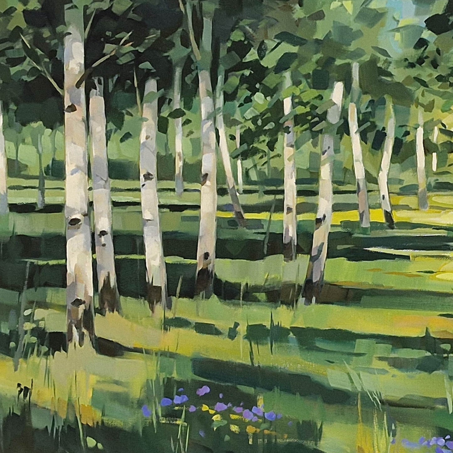 Impressionistic oil painting of a grove of birch trees with green foliage and grass, featuring light-colored tree trunks and small purple wildflowers in the foreground.