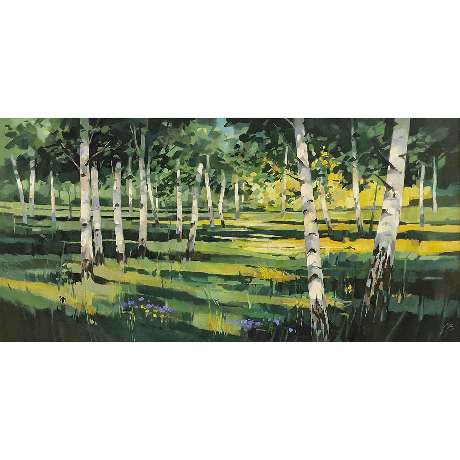 A horizontal landscape painting of a birch forest with green and yellow grasses, white birch trunks, and small purple wildflowers.