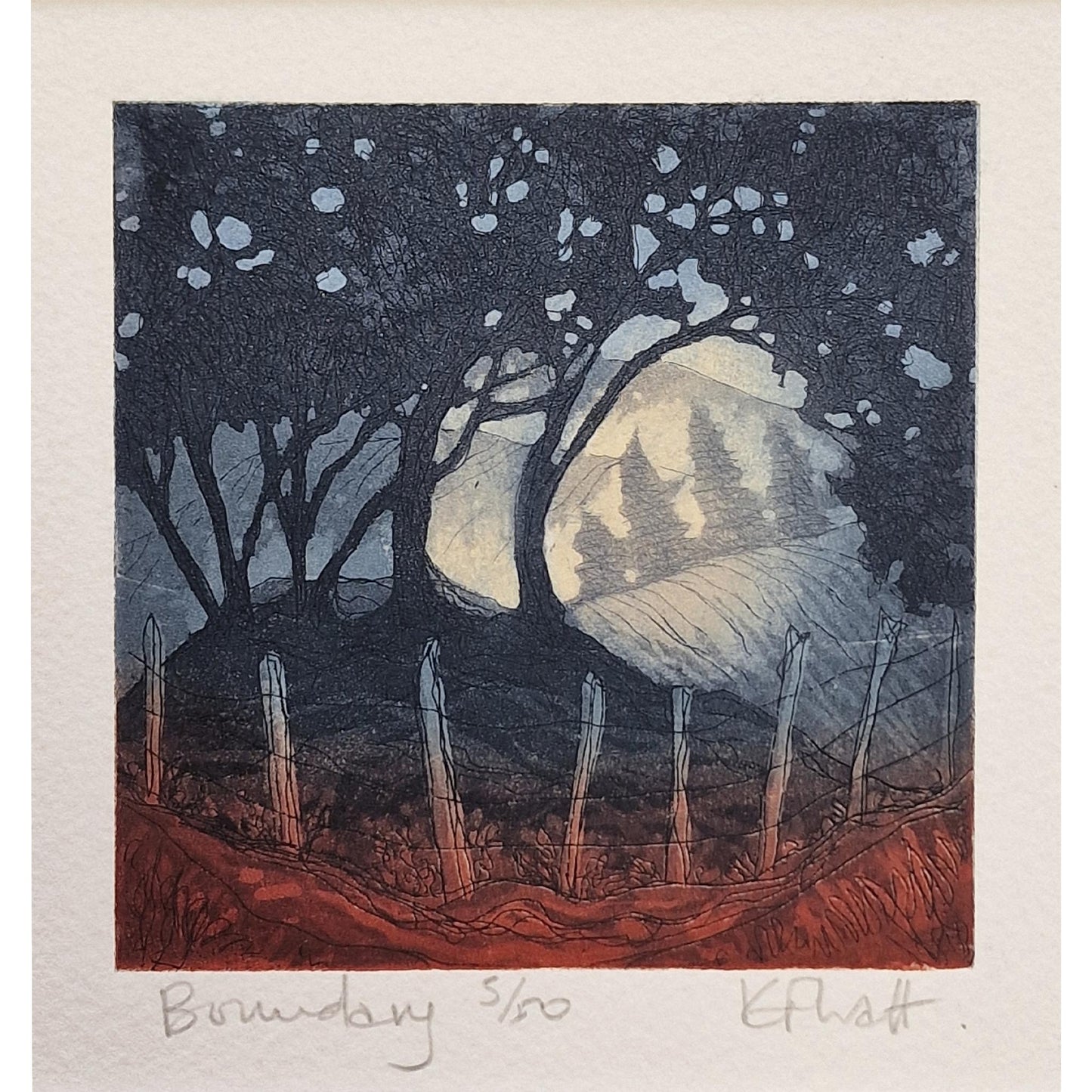 Aquatint etching by Kitty Watt, featuring a woodland scene with trees and a stick and wire fence.