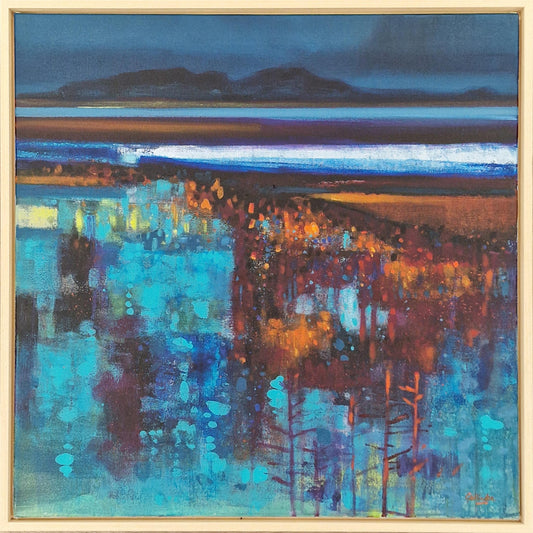 Abstract Scottish landscape art by Penny Godlington, featuring the Western Isles bathed in twilight hues of blue and orange, highlighting the region's dramatic natural beauty