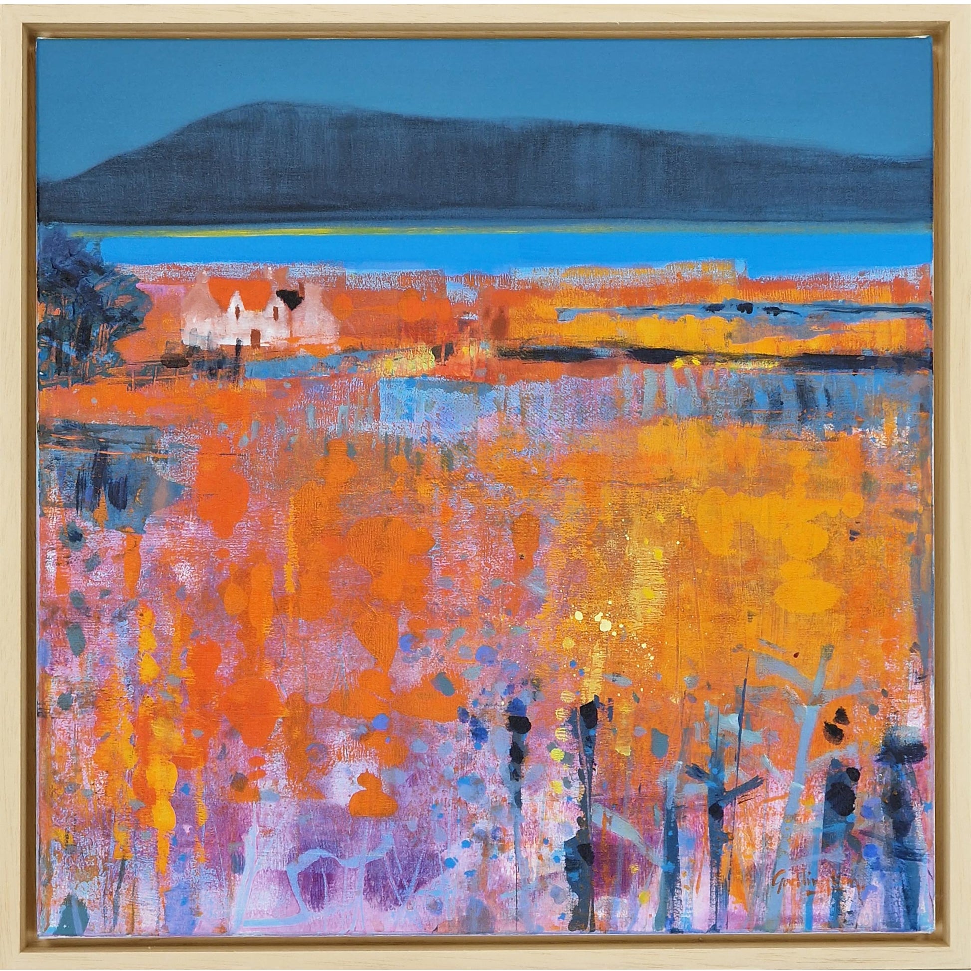 Bright abstract artwork by Penny Godlington, showing a rural cottage at Breakish on the Isle of Skye, framed by vivid orange fields and a serene blue sky, capturing the essence of Scottish Highland landscapes.