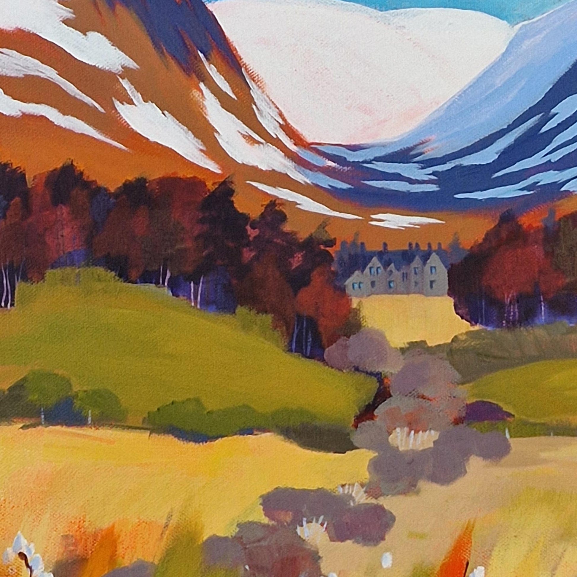 Detail of landscape painting in acrylic, depicting snow-capped mountains and a forest. A large stone building is in the far distance in front of the mountains. In the foreground, there are yellow-green fields.