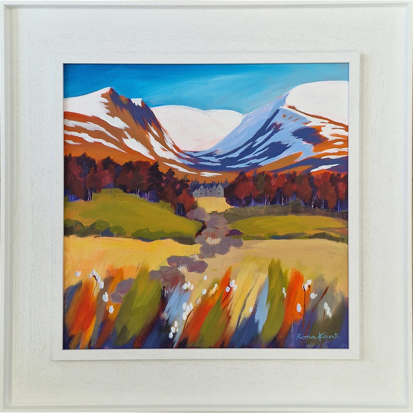 A landscape painting in acrylic, depicting snow-capped mountains and a forest. A large stone building is in the centre of the painting, in the far distance in front of the mountains. In the foreground, there are yellow-green fields, while broad colourful brushstrokes represent grass.