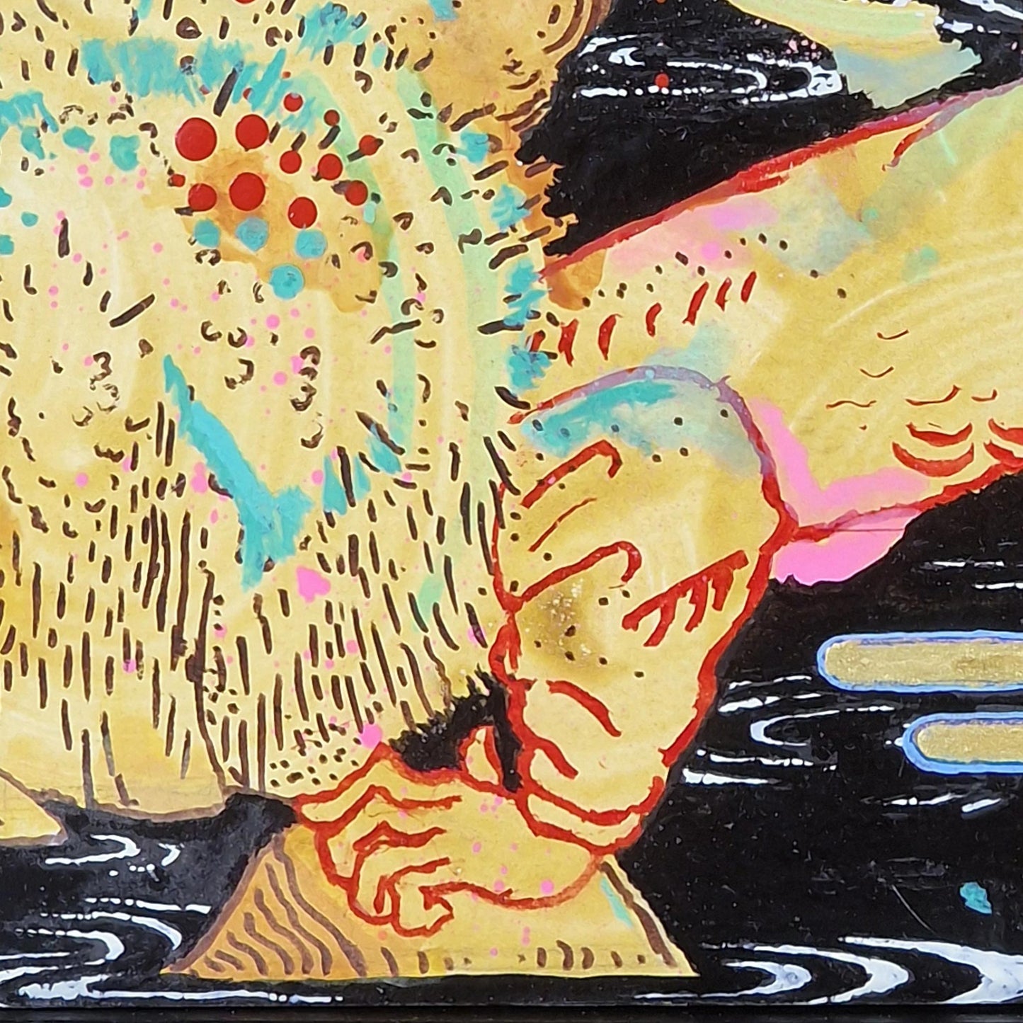 Lost Keys Damp Knees | Acrylic, ink, gold pigment, varnish and card on board