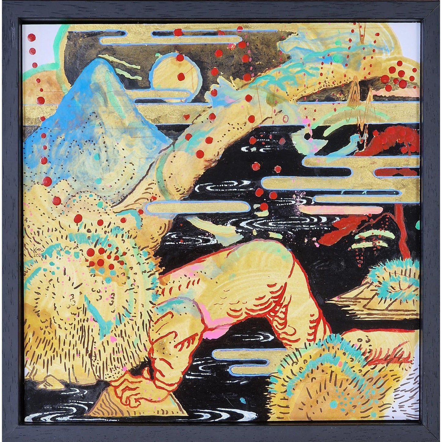 Lost Keys Damp Knees | Acrylic, ink, gold pigment, varnish and card on board