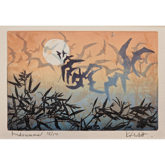 Birds silhouetted against the sunset. Aquatint etching by Kitty Watt.