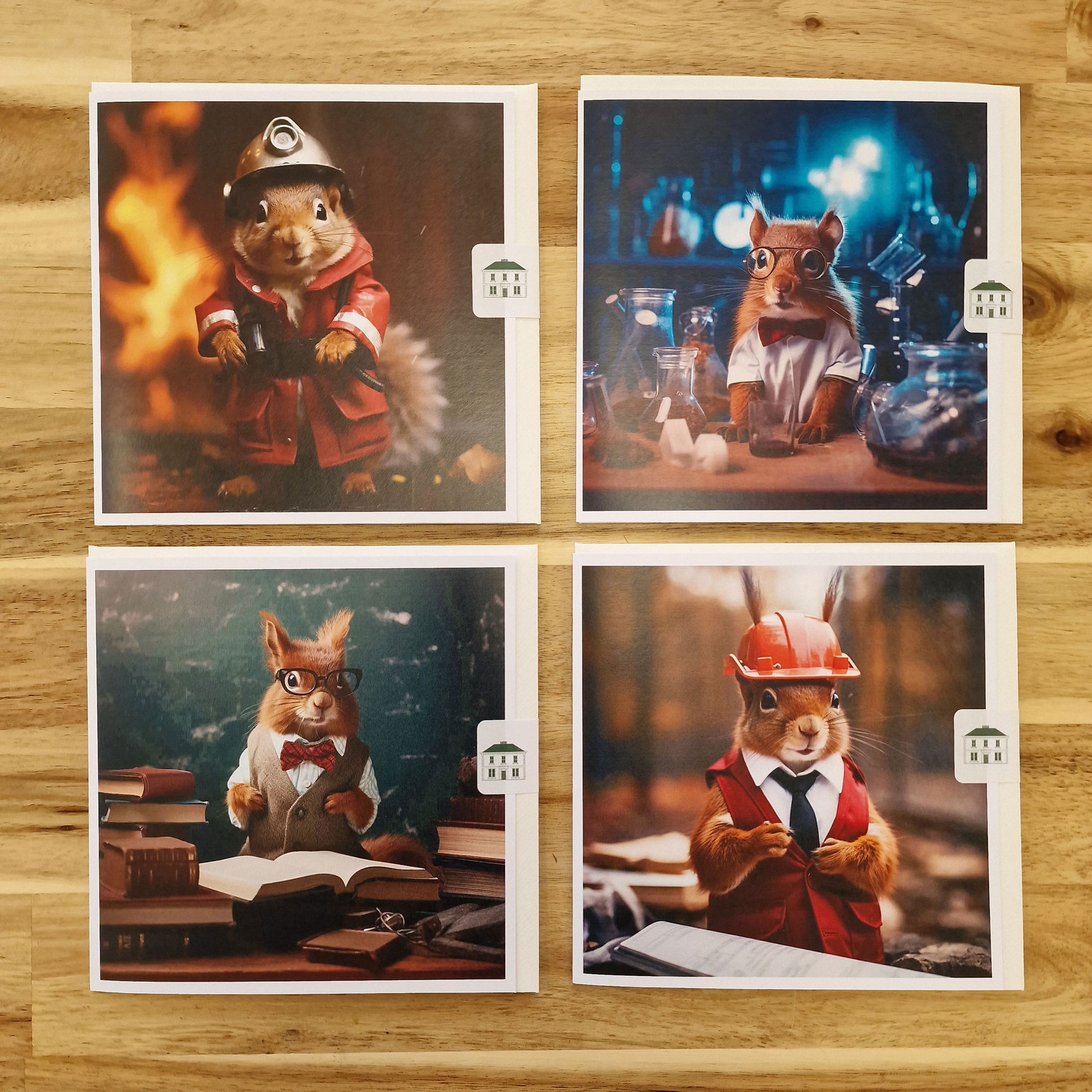 A set of four cards showing red squirrels doing professional jobs, including teacher, firefighters, scientist and architect