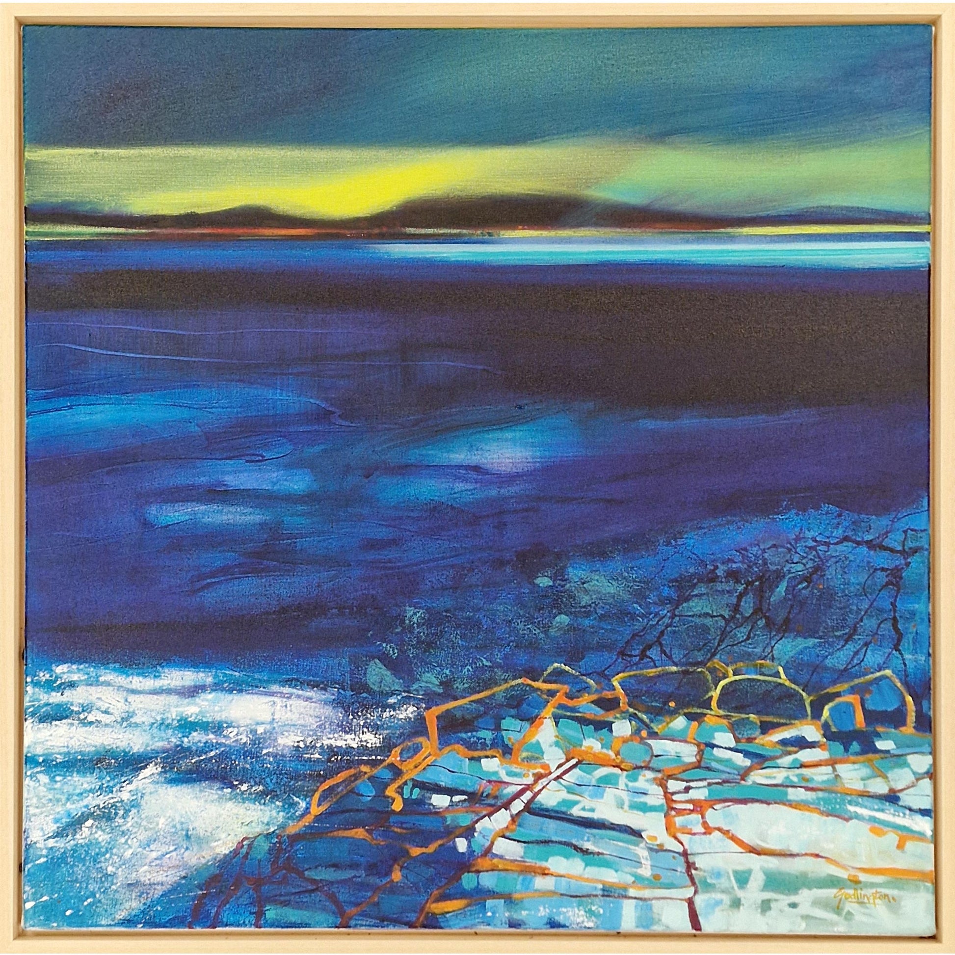 Striking abstract Scottish landscape by Penny Godlington of Scotland's coastal terrain at dusk, featuring deep blues and glowing yellow-green horizons.