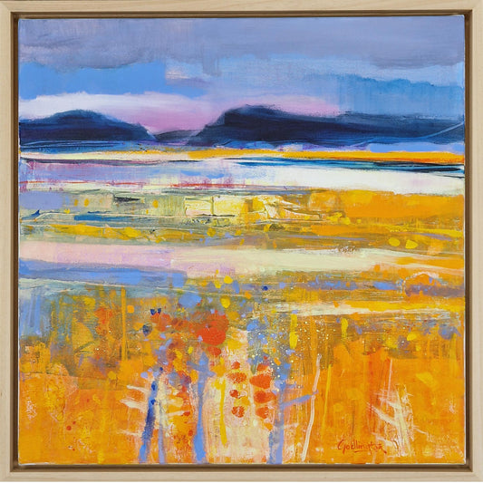 Abstract painting by Penny Godlington, featuring Sollas, North Uist, capturing the vibrant colors of a Scottish summer with golden fields, soft blue skies, and distant mountains