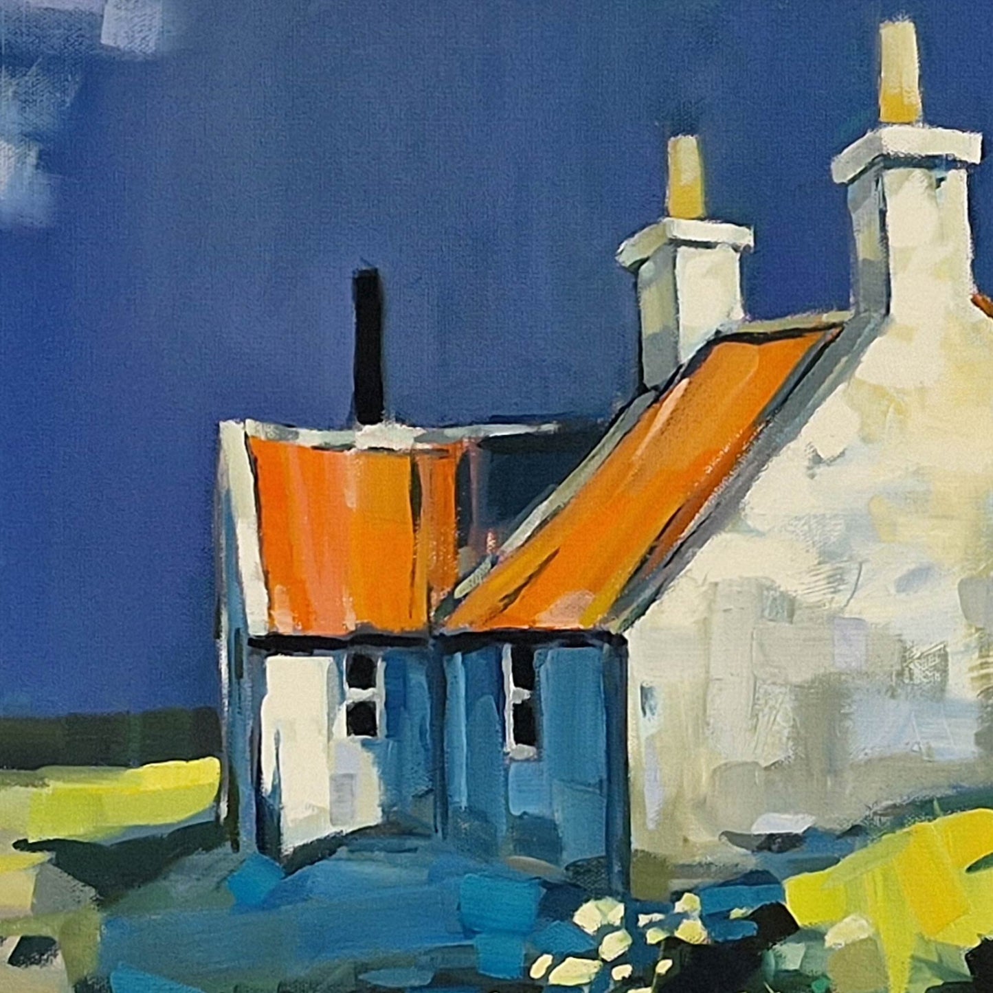 Impressionistic painting of a cottage with an orange roof, white walls, and a dark blue sky, rendered in expressive brushstrokes.