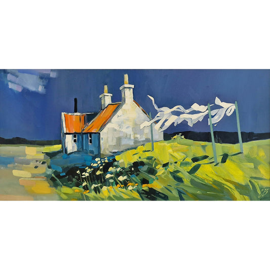 An impressionistic landscape painting of a white cottage with an orange roof, set in a bright yellow-green field under a deep blue sky, with white garments hanging on a clothesline.