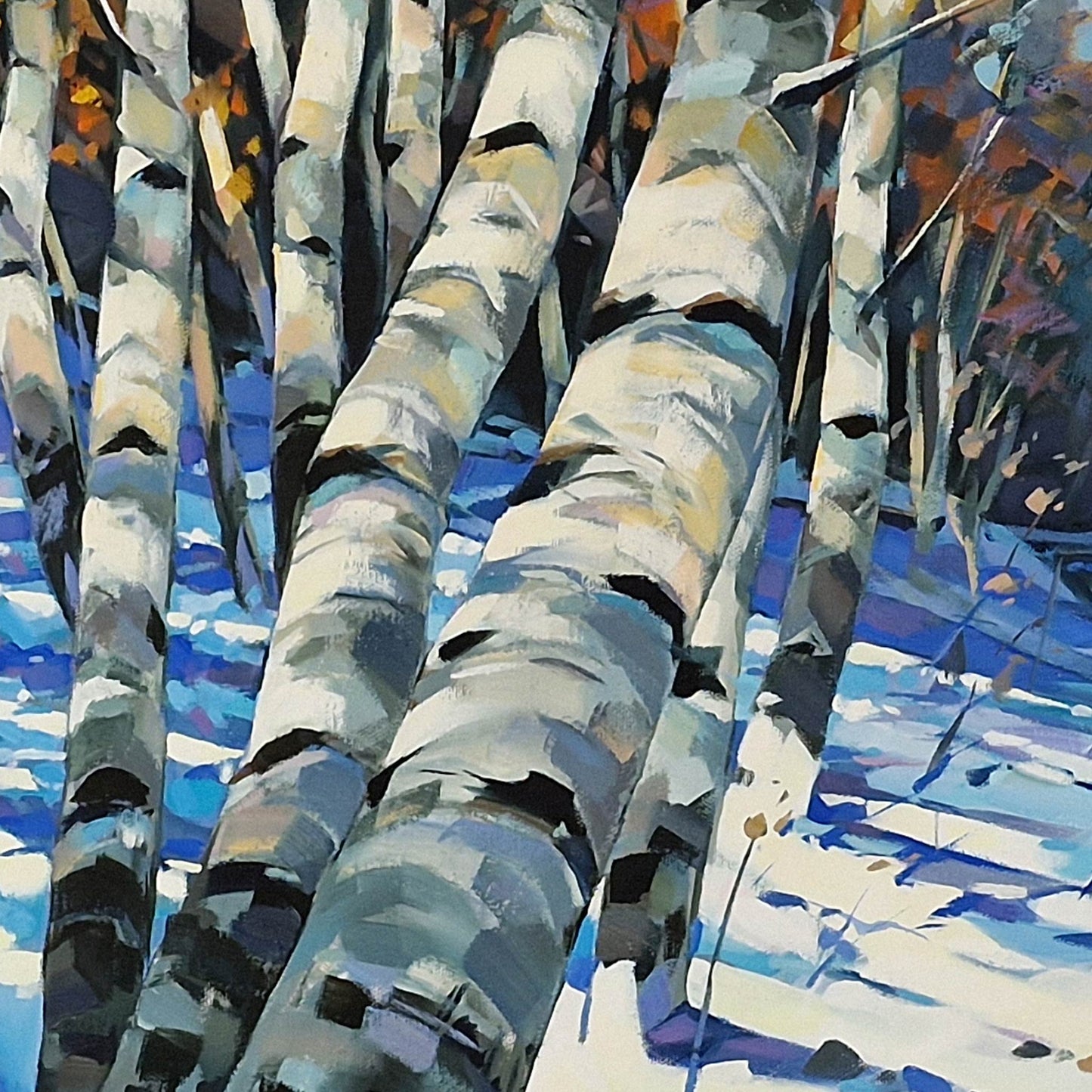 An impressionistic painting of birch tree trunks in winter, featuring textured brushstrokes of white, gray, black, blue, and touches of orange and brown.