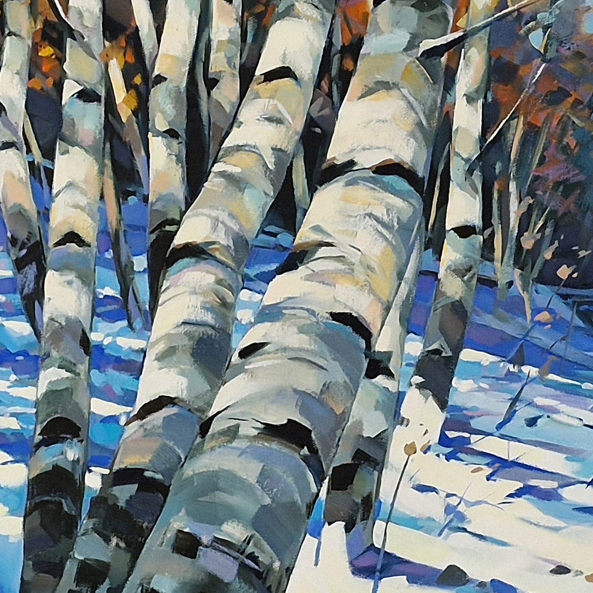 An impressionistic painting of birch tree trunks in winter, featuring textured brushstrokes of white, gray, black, blue, and touches of orange and brown.