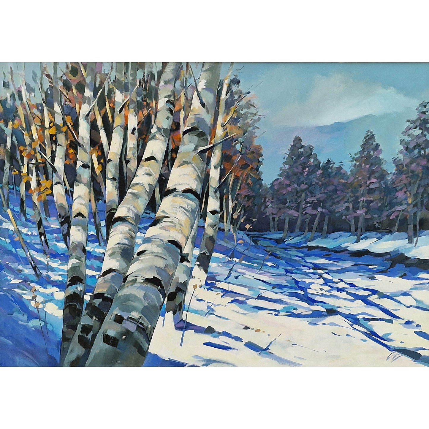 An impressionistic winter landscape painting featuring birch trees with white and gray trunks, blue snow-covered ground, and dark purple conifer trees under a pale blue sky.