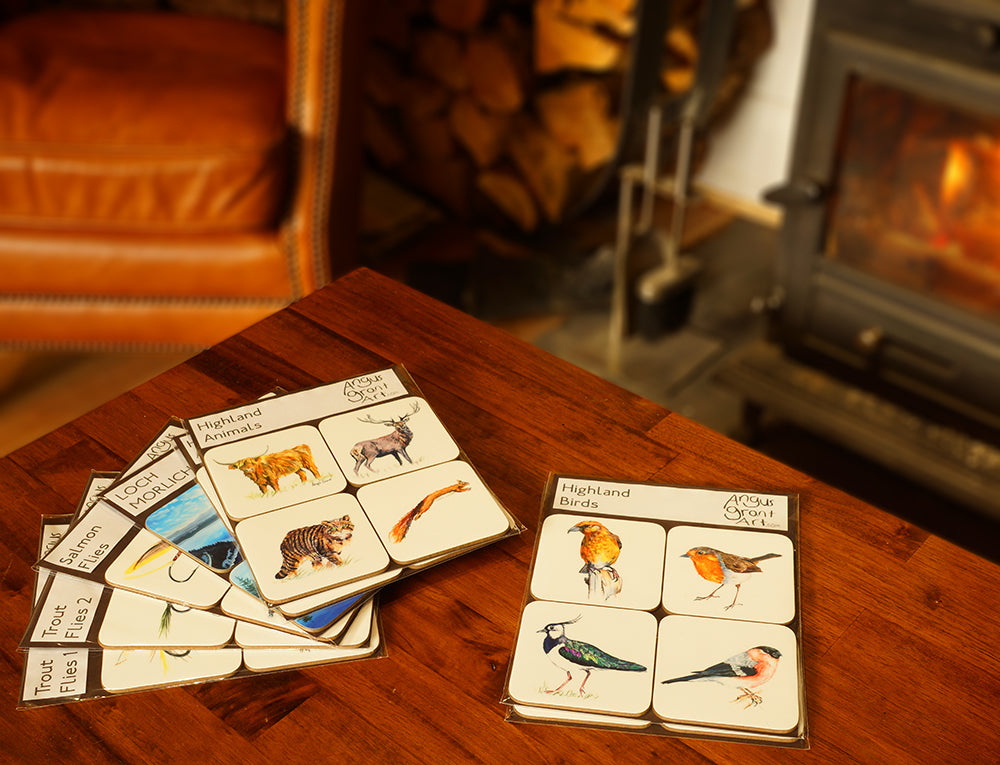Highland Animals Coaster Set by Angus Grant Art, featuring Highland Cow, Stag, Wildcat and Red Squirrel